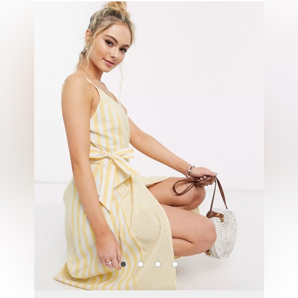 ASOS Skylar Rose Wrap Front Midi Dress In Yellow Stripe. Size Sm